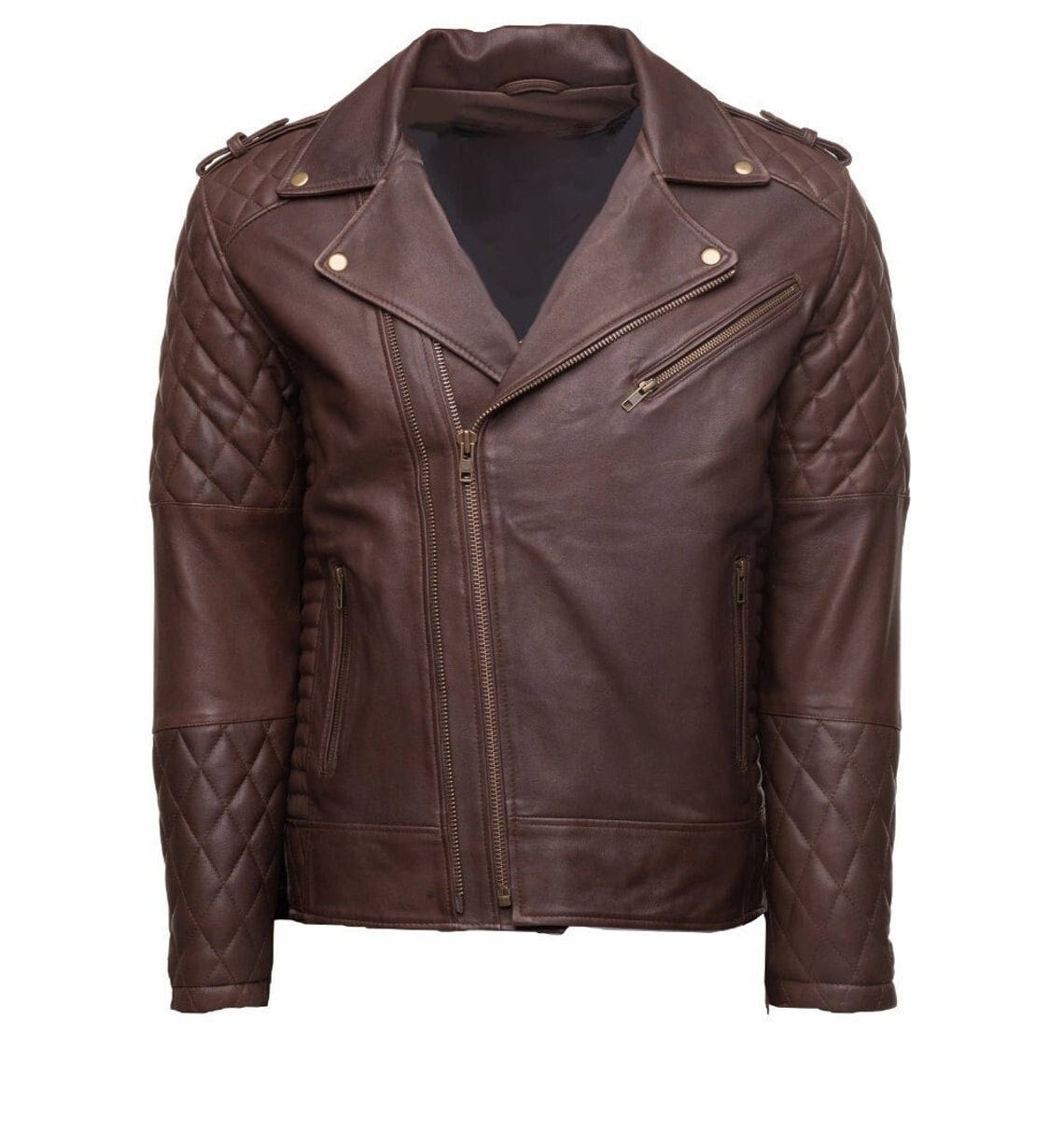 Handmade  Brown Quilted Biker Leather Jacket With Diamond Stitching Details