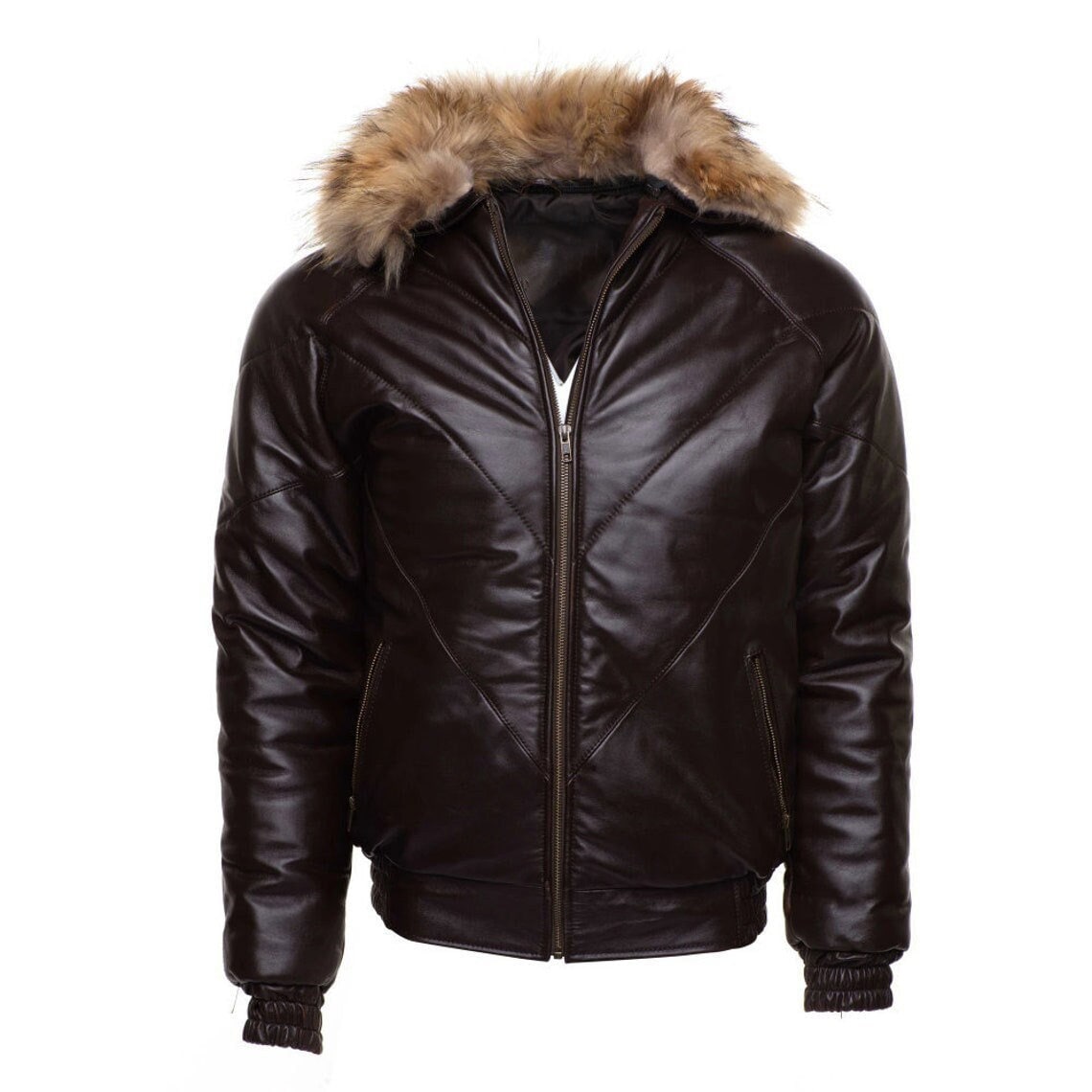 Handmade  Brown V-Bomber Style Puffer Winter Leather Jacket With Fur Collar