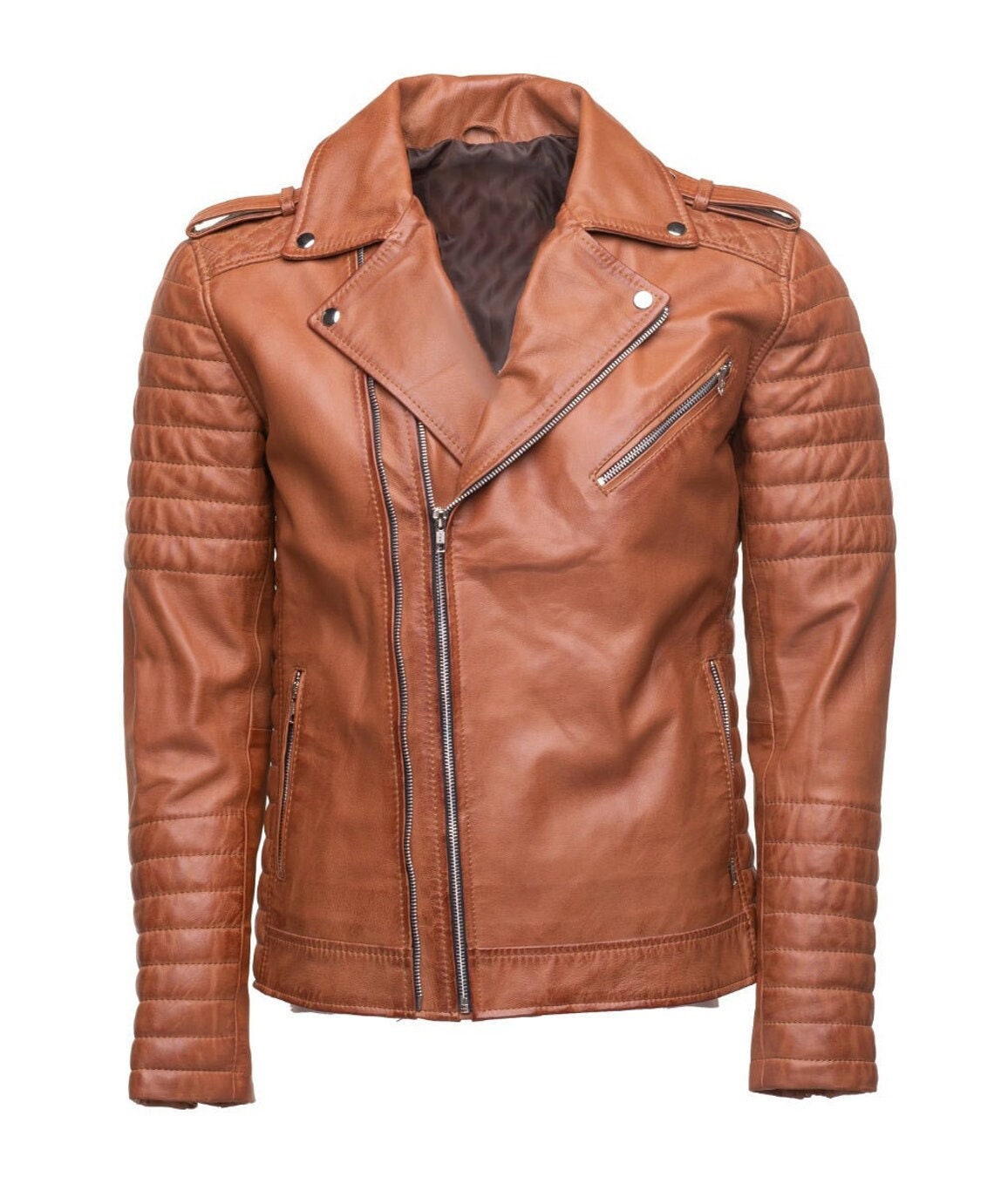 Handmade Tan Quilted Biker Leather Jacket