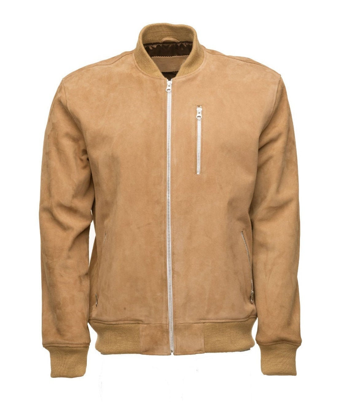 Handmade Sandy Beige Suede Bomber Leather Jacket With Ribbed Cuffs