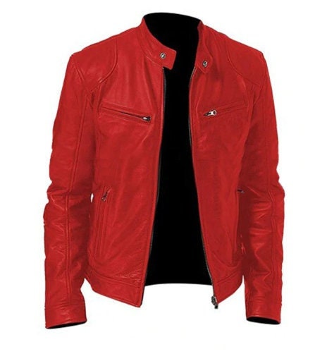 Handmade  Cafe Racer Red Motorcycle Vintage Biker Men Red Distressed Leather Jacket