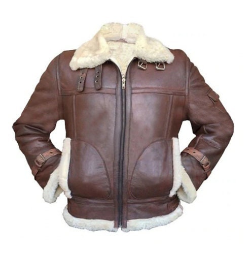 Handmade  B3 RAF Fur Shearling Aviator Flying Pilot Bomber Brown Sheepskin Leather Jacket