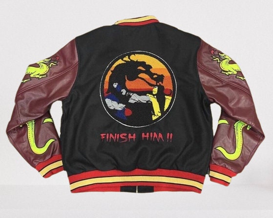 Handmade Custom made Mortal Kombat Varsity Jacket with Brown Sleeves